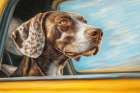 Dog riding with head out car window. (AI Generated) Art Print